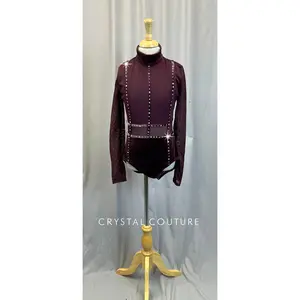 Plum Velvet and Mesh Long Sleeve Leotard - Rhinestones