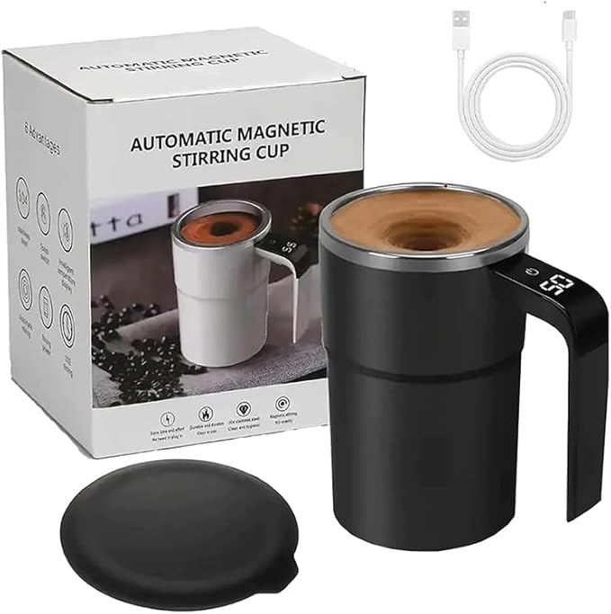 Rechargeable Automatic Magnetic Self-Stirring Coffee Mug with Lid, Stainless Steel Insulated Mixing Cup with LCD Temperature Display, Electric Auto Stir Mug for Coffee, Milk,Tea & Protein Powder, 12.85oz Gift for Mother’s Day,Graduation,Home Office Travel
