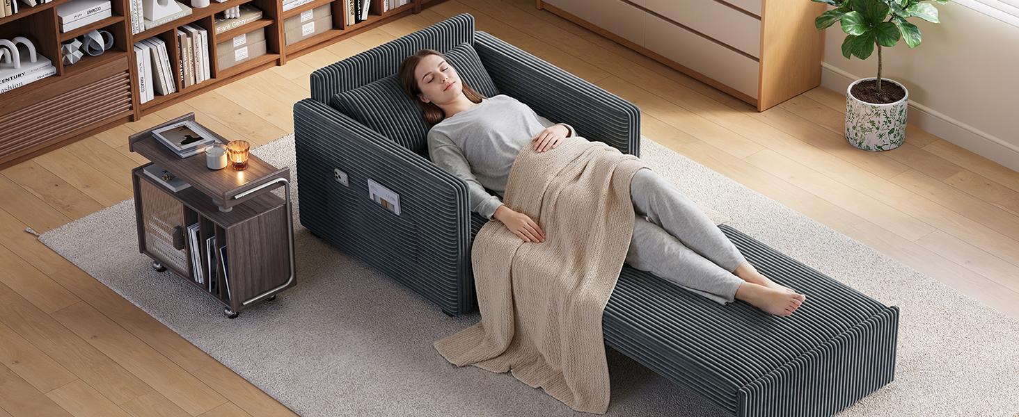 Gizoon 3 in 1 Pull Out Sleeper Chair, 75.2" Long Convertible Sofa Bed for Adults, Corduroy Armchair Chair Bed & Single Sleeper with Pillow for Dorm/Bedroom, Dark Grey | Dark Gray