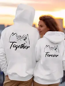 Together Letter Hook Print Couple Matching Outfits Hoodies Pullover for Women for Men Unisex, Perfect Gift Anniversary Clothes