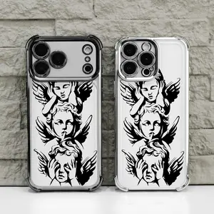 Black Angel Cupid God of Love Sacred Pattern Four Corner Anti-Fall Phone case for iPhone Samsung Galaxy 17Pro Max Air 16Plus 15 14 13 12 11 XR XS S26 S25 S24 S23 S22 cases, Transparent cover, Non-Yellowing, Shockproof Soft silicone, Gifts for girls.JL60