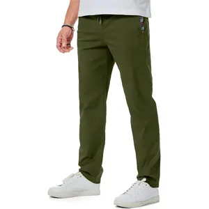 JMIERR Men's Olive Green Cotton Twill Chino Pants with Drawstring Elastic Waist & Side Pockets Machine Washable Comfortable Classic Fit