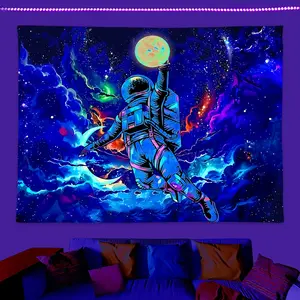 1pc fluorescent color astronaut space tapestry, ultraviolet reactive universe galaxy planet night light tapestry, suitable for rooms, dormitories, and living rooms, decorating cool home posters and background walls, Durable Decorative Tapestry