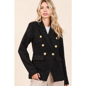 Mittoshop Plaid Texture Double-Breasted Long Sleeve Blazer Elegant Formal