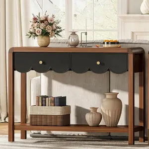 43.3" Console Table, Entryway Table with 2 Wave-Style Fronted Drawers and Shelf, Sofa Table Behind Couch for Living Room, Bedroom, Hallway, Foyer, Vintage Walnut and Black