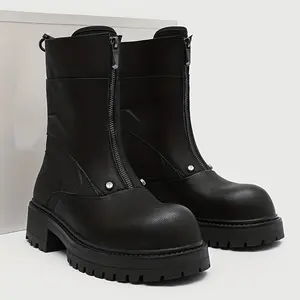 Men's Heavy-Duty Chunky Platform Boots, Walking Shoes - PU Upper, Rubber Sole, All-Season Closed Round Toe, Zipper/Cinch Closure, Glossy Black, Casual & Outdoor Wear, Height-Increasing Retro/Modern Style