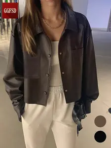 Women's PU Leather Short Jacket Coat, Fall Winter Fashion Casual Loose Fit Outerwear, Stylish Motorcycle Biker Jacket Top