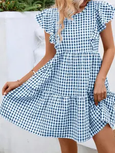 A set of women's casual boho style black and white checkered ruffled dresses, suitable for all seasons, suitable for home, indoor, and outdoor wear, Womenswear
