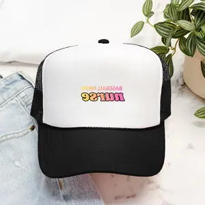 Baseball Mom Nurse Hat Backwards Lettering, Foam Trucker Hat, Trendy Mirror Text Cap, Sports Nurse Gift, Yellow/Orange/Pink Text Color