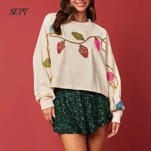 Women Christmas Sequins Loose Sweatshirt Light String Drop Shoulders Long Sleeve Casual Pullover Tops