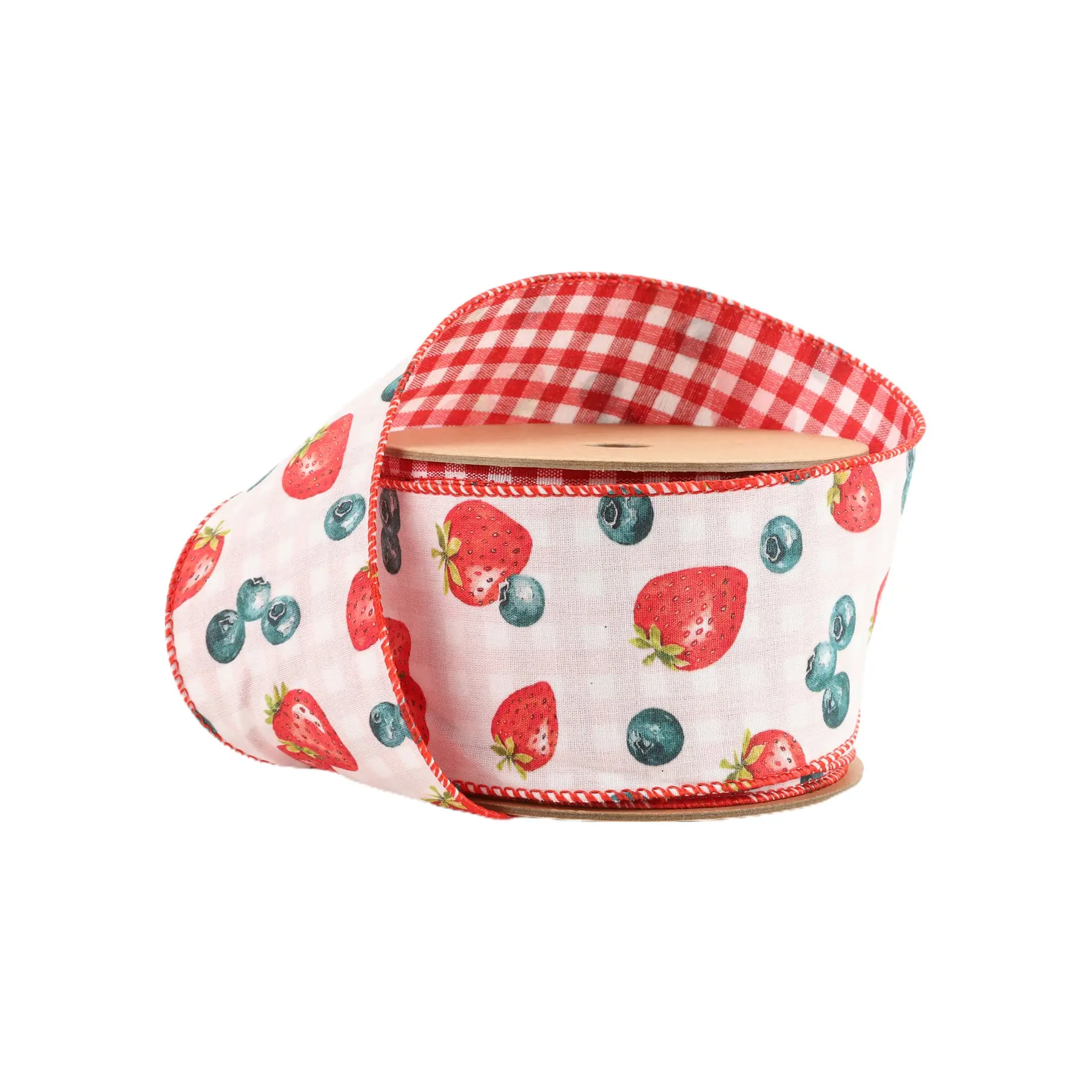 Wired Ribbon | Strawberry/Blueberries on White w/ Checked Back | 10 Yard Roll Spring decor Easter Day decor Valentine’s Day decor wrapping gifts