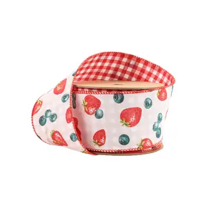 Wired Ribbon | Strawberry/Blueberries on White w/ Checked Back | 10 Yard Roll Spring decor Easter Day decor Valentine’s Day decor wrapping gifts