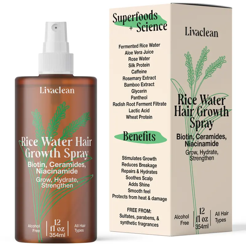 LivaClean Unisex Rosemary Rice Water Leave-In Protect Spray - 12 fl oz Curly Hair Repair & Restore Treatment with Biotin, Caffeine, Ceramides Seal, Heat Protection, Hydration, Aloe + Rose Water, Anti-Thinning