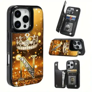 Cool Gold Crown and Letter N Pattern Leather Card Holder Phone Case, Suitable for iPhone 17 Air/16 Plus/15 Pro Max/14 Pro/13/12/11/XS Max/X Phone Case, Perfect Gift for Thanksgiving and Christmas for Family, Friends, Lovers, Boyfriend, Girlfriend