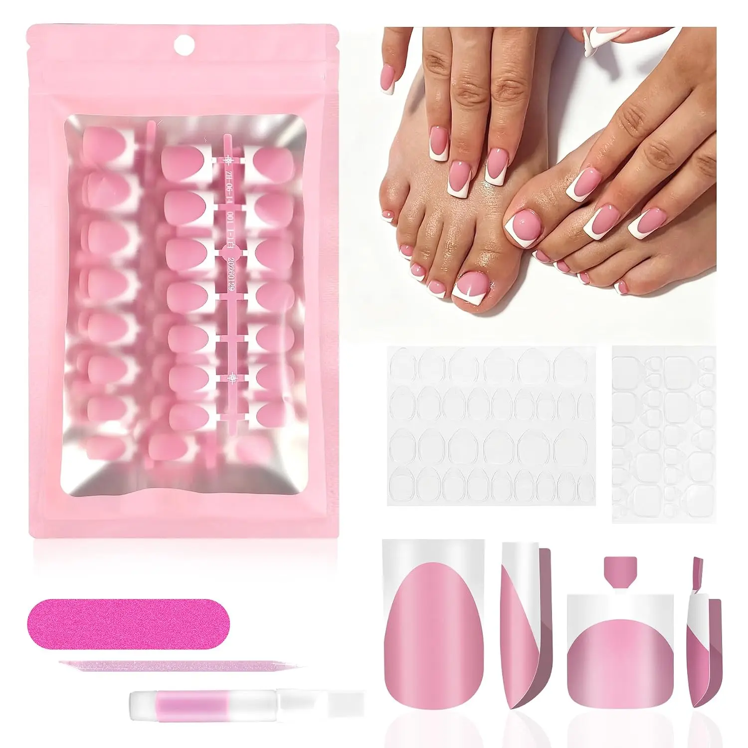 Deep Pink French Tip Press On Nails & Toenails Set (60 Pcs) - Square, 15 Sizes, Cutics Care, Deep Pink Base, White Tips, Glue Included for DIY Manicures