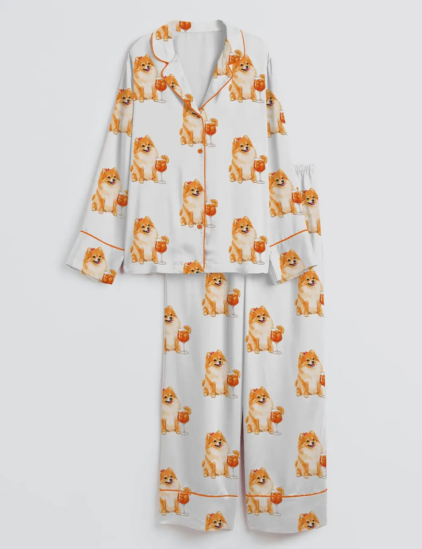 Women’s Pomeranian Pajama Set – Dog & Cocktail Print Satin Sleepwear