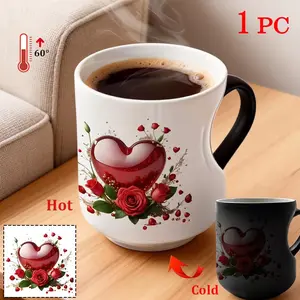 1pc, Heart-Shaped Decorative Magic Color-Changing Heart Mug, Color-Changing Heart Mug, 11oz Printed Pattern Durable Ceramic, Color-Changing Heat-Sensitive Coffee Cup, Changes from Black to White at 60°C, Winter Gift, Ceramic Mugs