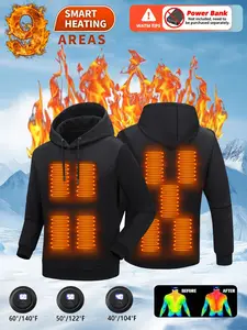 Smart Heating Hoodie With 9 Heating Zones, Quick USB Charging, Adjustable Temperature, Casual Solid Color, Long Sleeve, Woven Polyester, Regular Fit, Hooded Sweatshirt For Men - Fashionable Practical Design (Batteries Not Included)