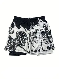 Men's Regular Fit Skull Print 2 in 1 Gym Shorts, Casual Breathable Quick Drying Shorts for Outdoor Running Gym Workout, Menswear, Breathable Printed Shorts
