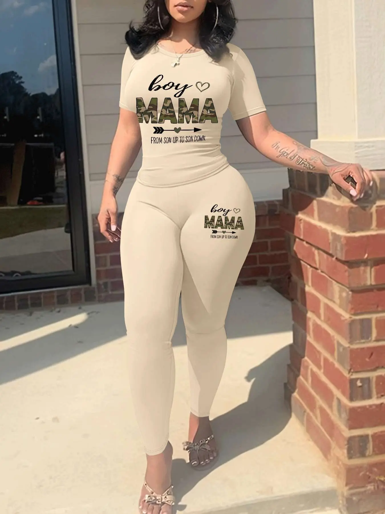 MAMA Letter Print Two-Piece Set Women's Crop Tee & Skinny Pants, Casual Fashion Cozy Round Neck Short Sleeve T-Shirt & Trousers for Daily Outdoor Wear, Ladies Summer Clothes, Clothing Sets