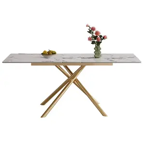 Donext 59-inch Modern Expandable Dining Table with Retractable Leaf Sintered Stone Top Golden Carbon Steel X-Base for 4-6 People Foldable & Quiet Operation