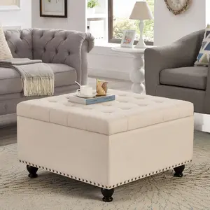 30“ Large Square Ottoman Bench with Storage Oversized Ottoman Coffee Table with Nailhead Trim & Rubber Wood Legs, Linen Fabric Upholstered Foot Rest for Living Room Bedroom, Beige