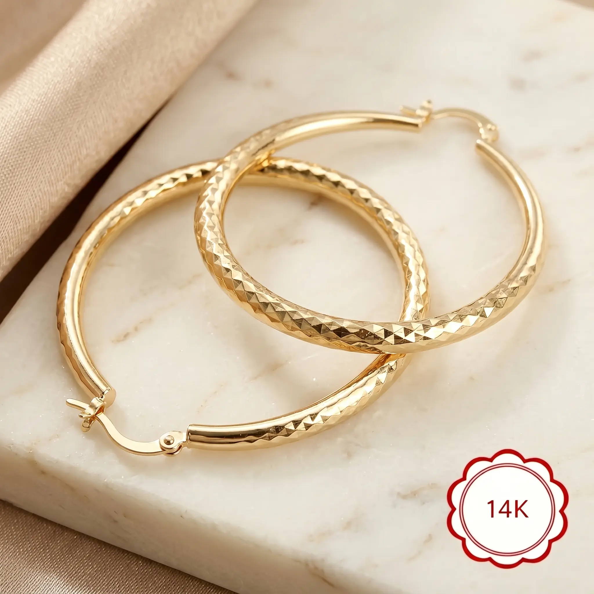 14K Gold Hoop Earrings for Women, 2 Inch Large Sparkling Diamond-Cut Textured Hoops, Daily Wear Waterproof, Hypoallergenic, Lightweight Click-Top, Fade-Resistant, Perfect Gift for Mom, Sister, Daughter, Birthday or Special Occasion