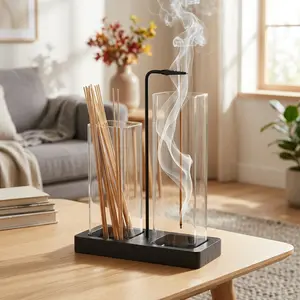 2 in 1 Incense & Candle Holder, 1 Count Wooden Base Aromatherapy Diffuser Incense Burner with Removable Glass Ash Collector, Woody Home Decor Ornament for Living Room Bedroom, Funny Gift, Scented, Aroma, Fragrance Perfume