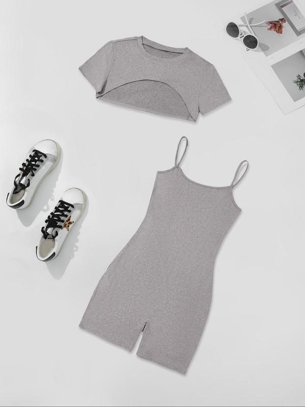 Four-Piece Set Women's Solid High Low Crop Tee & Cami Romper, Casual Short Sleeve Super Crop Top & Sleeveless Bodycon Romper, Summer Outfits 2025, Cute Summer Outfit