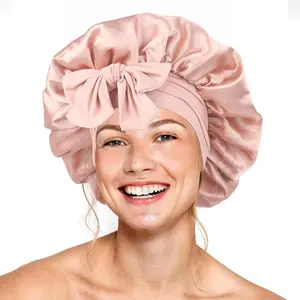 Elegant Satin Hair Bonnet – Large Capacity with Bow Detail for Home, Travel & Relaxed Daily Looks (1PC, Pink/Black) comb tail Soft Sleep Hat Comfortable