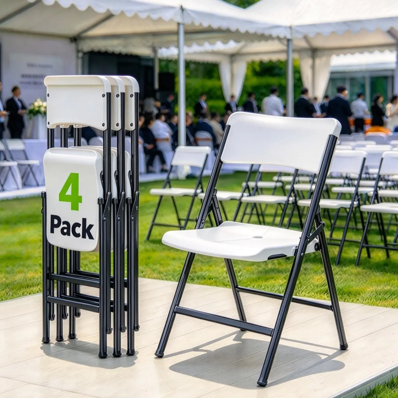 Heavy-Duty PP+Iron Frame Foldable Plastic Chair for Bedroom, Ergonomic Back, 350 Lbs Capacity, Stackable, Portable, Ventilated Drainage Hole Seats, Indoor & Patio Furniture Chair