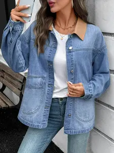 Women's Contrast Collar Loose Denim Jacket Vintage Washed Patchwork Collar Casual Denim Jacket With Big Pockets Versatile Style For All Occasions