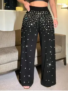 Elegant Wide Leg Pants with Rhinestones, High Waist Loose Fit Casual Long Trousers, New Fashionable Women's Clothing