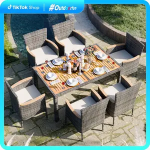 Walsunny 7 Pieces Outdoor Patio Dining Set, Wicker Patio Furniture Set with Wood Table and 6 Chairs with Soft Cushions Grey