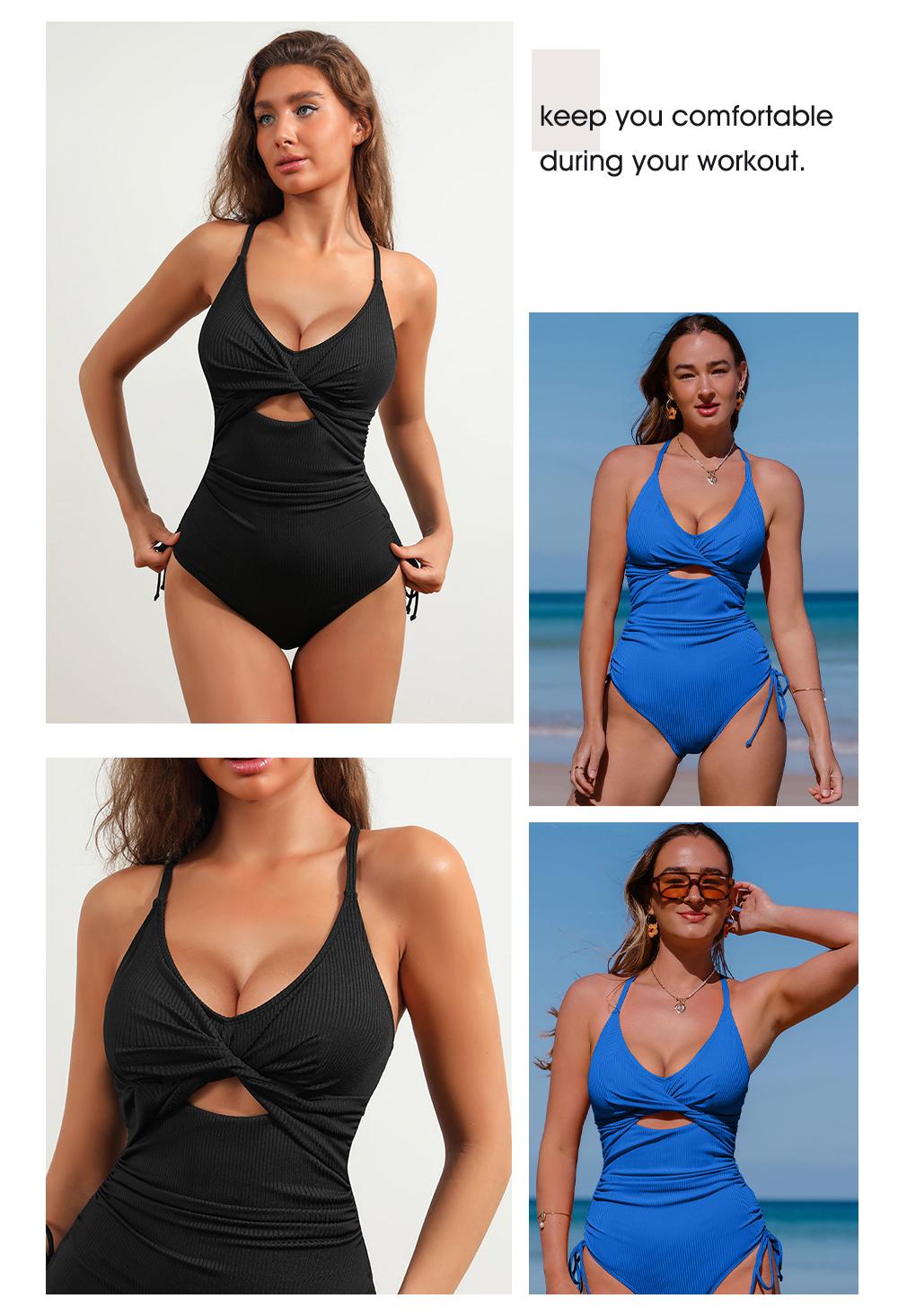 Aleumdr Women's Ribbed One Piece Swimsuit Tummy Control High Cut Bathing Suit Sexy V Neck Criss Cross Monikini Sport Swimming Clothing Beach