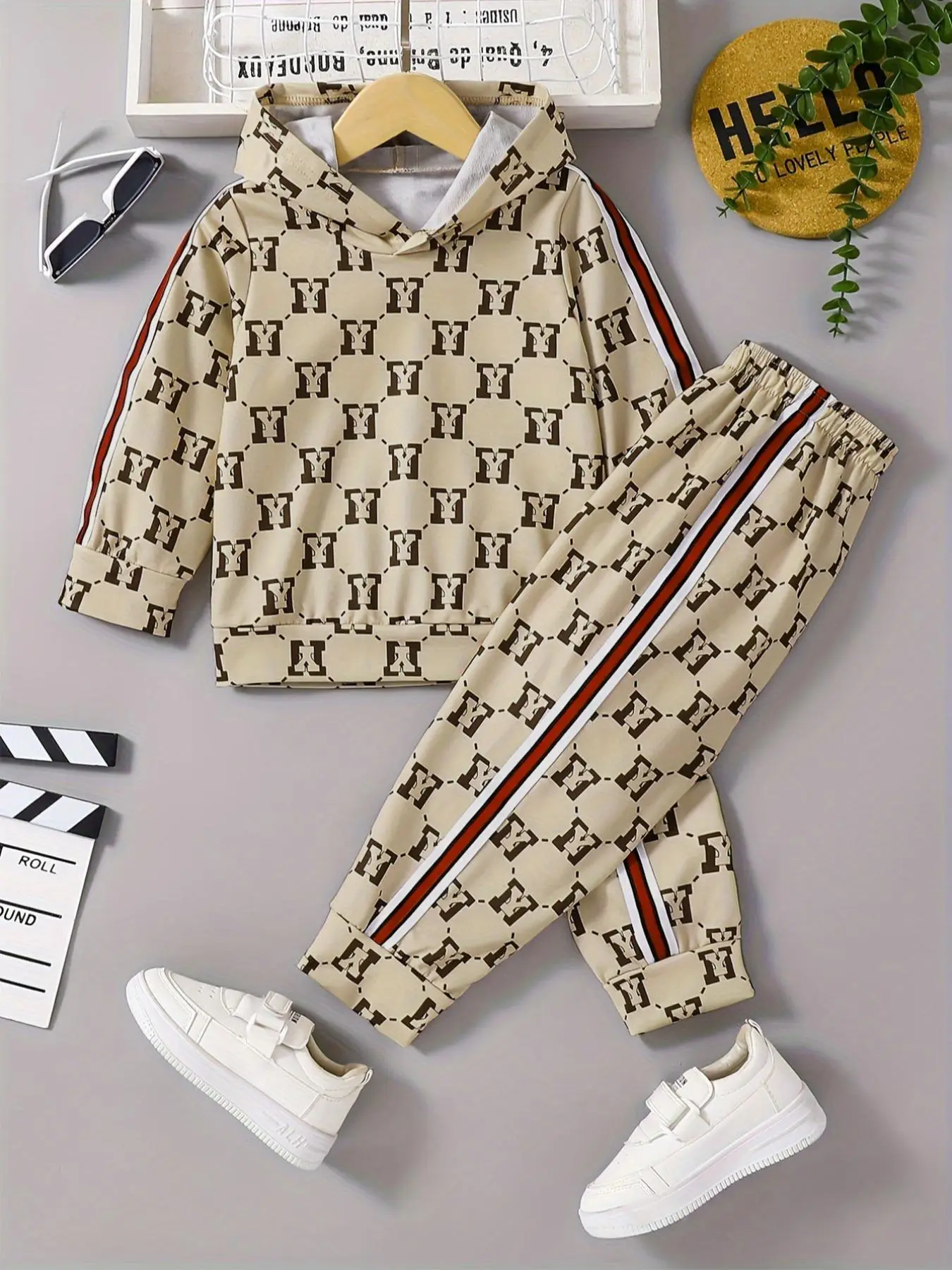 Two-piece Set Toddler Boy's All Over Print Letter Hoodie & Side Stripe pants Set, Casual Long Sleeve Hooded Pullover & Elastic Waist Pants, Spring & F