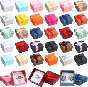 120 count Cardboard Ring  Box Set with Bow Square Assorted Color Small Hard Earring   Box for Birthdays Anniversaries Weddings, 1.6 x 1.6 In(Multicolor)