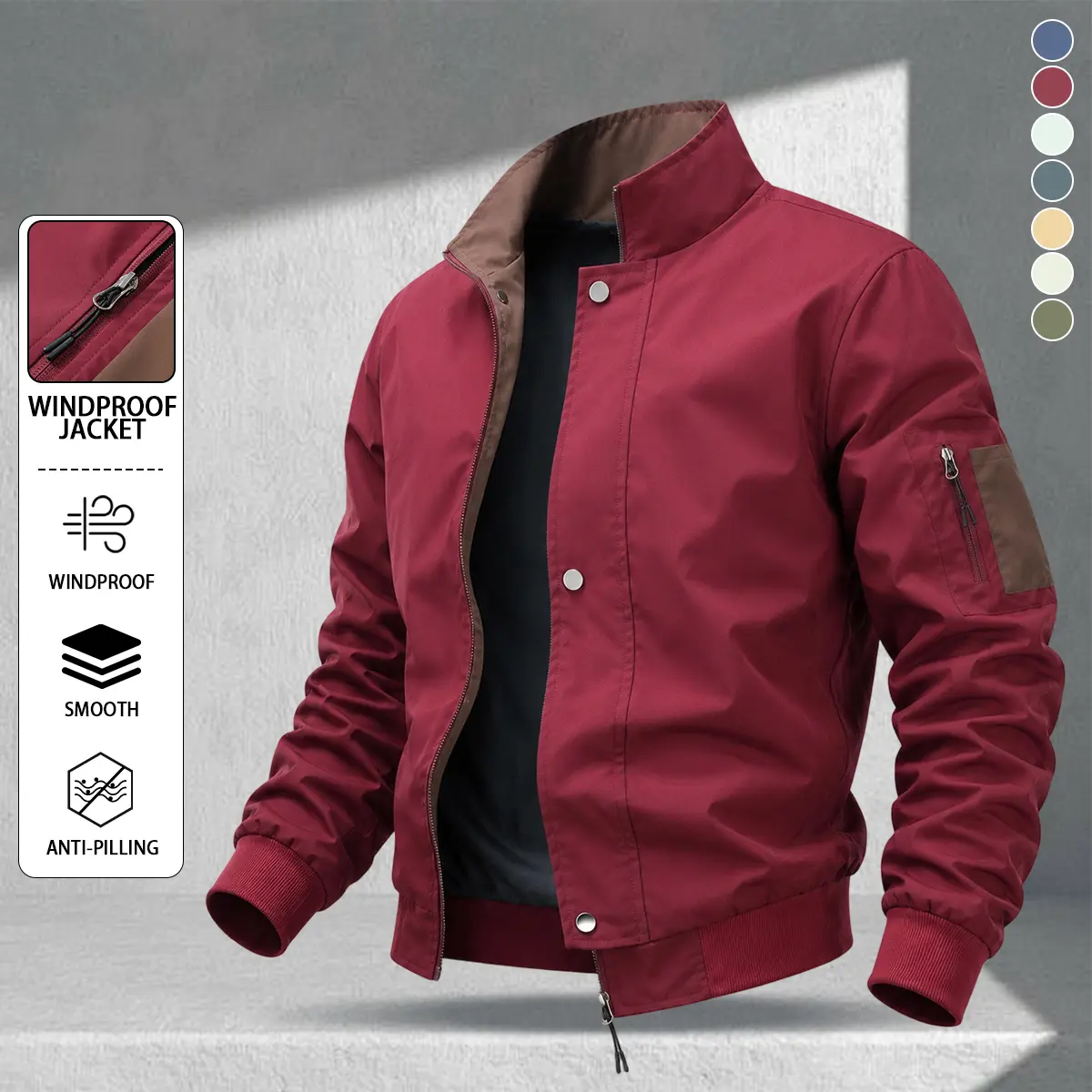 Men’s burgundy vintage stand-collar aviator jacket with contrasting brown lining and sleeve patch details, double zip front closure, ribbed cuffs and hem, American workwear style for spring and autumn.
