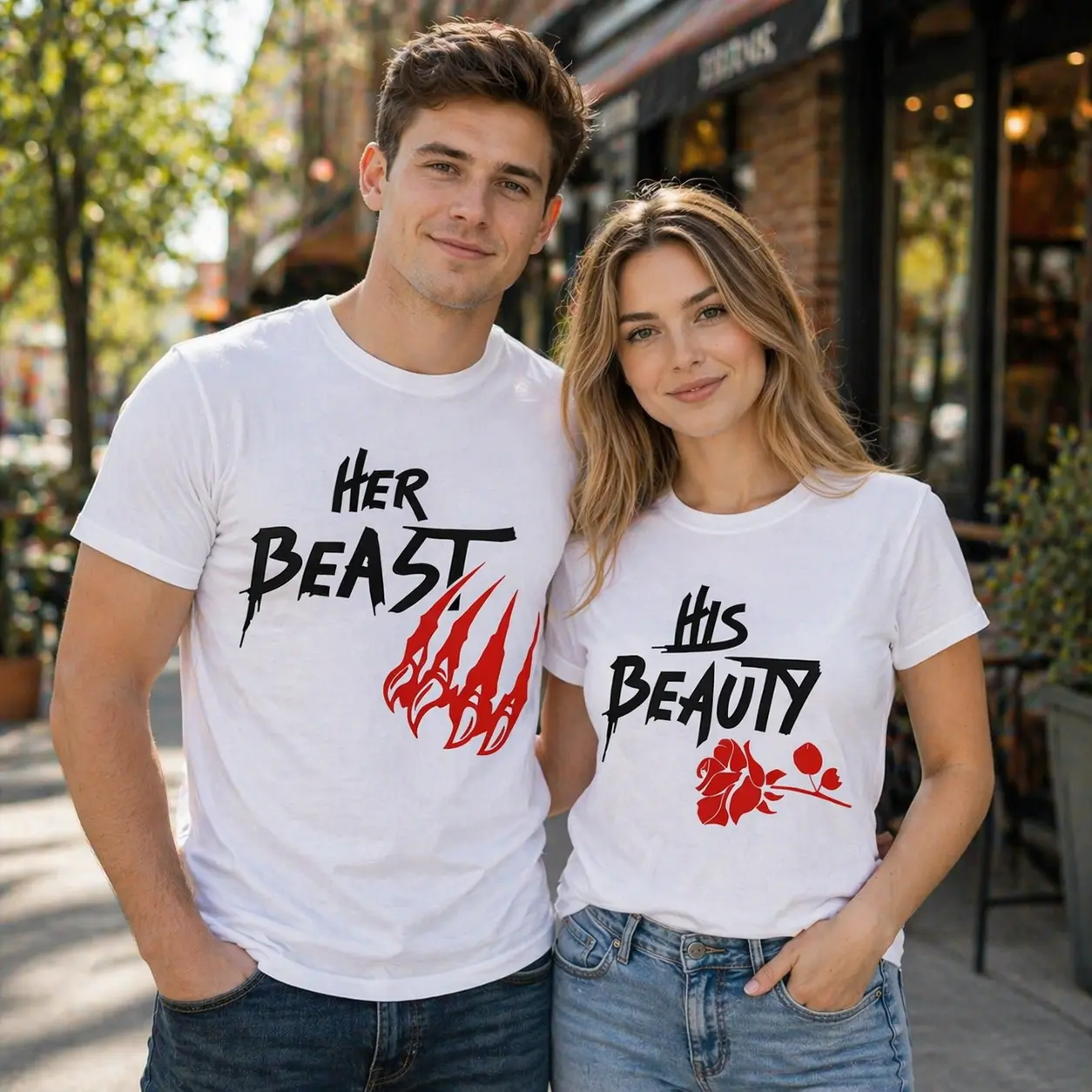Shortsleeve Sports Top for Couples, Matching Her Beast His Beauty Graphic Set, Casual Women's Clothes with Tailored Silhouette for Anniversary Gifts, Comfortable, Matching Bf And Gf, Couple Gifts For Adults, Graphic Art, Vivid Graphics