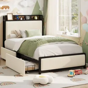 Modern Upholstered Platform Twin Size Bed Frame with Storage Headboard & 2 Rolling Drawers – Built-in Charging Station, Noise-Free – Twin Size, Black or White