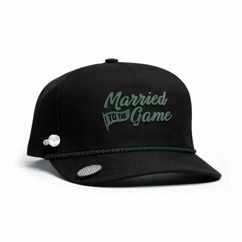 Brimz Supply Golf Performance Hat - Tee Holder & Magnetic Brim - Breathable Sweat & Water Resistant Golfing Snapback Cap (Married to the Game)