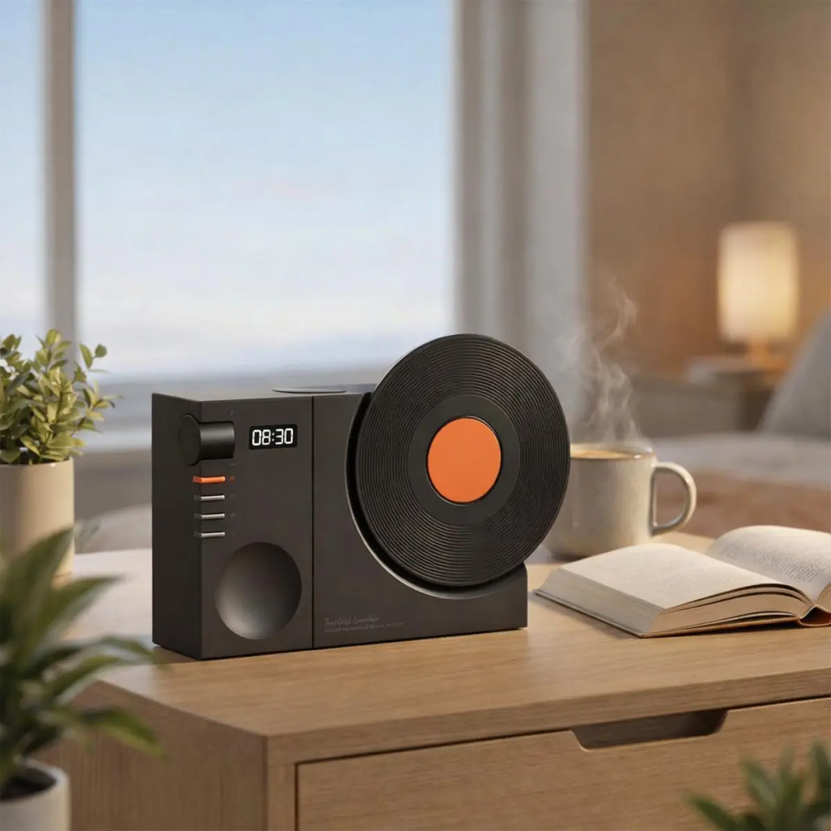 Vintage Bluetooth Record Player Speaker - ABS Plastic Desktop Turntable with Clock, Retro Hi-Fi Surround Sound, Starry Night Projector, Moon Lamp, Wireless Charging Pad, USB Input, Built-in Battery, Cool Gadgets Home Decor Gift (Box Packaged)