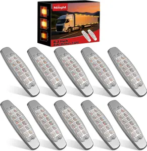 Nilight 10 Pack 6.3 Inch Rectangle Amber Side Marker Lights White Lens 12 LED 3 Functions (High/Low/Strobe) IP67 Waterproof Stainless Steel Chrome Bezel 12V Surface Mount for Truck Trailer RV Boat