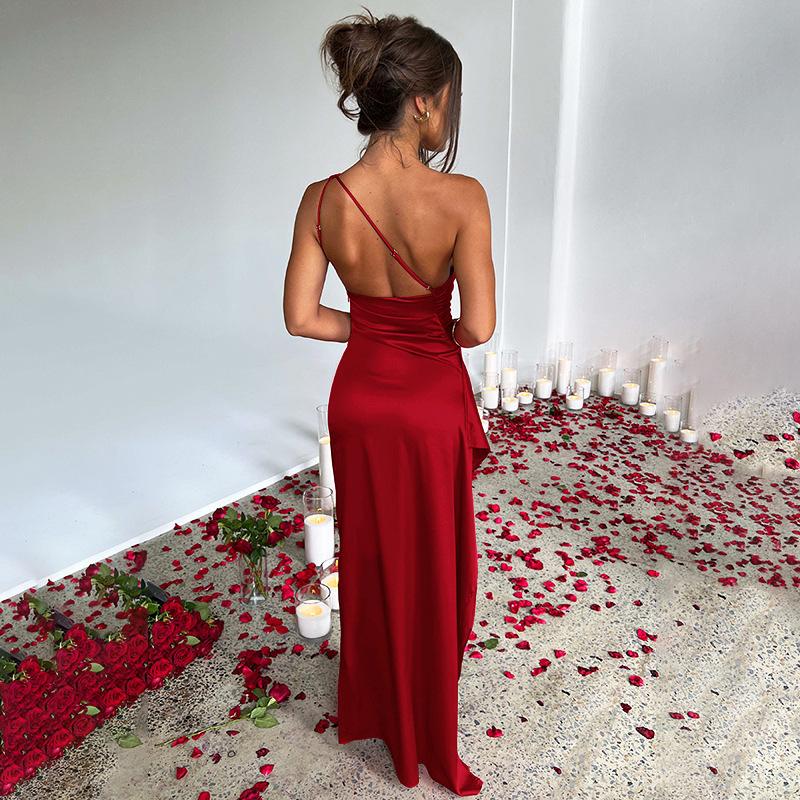 Sexy One-shoulder Backless Slit Dress Summer Elegant Slim-fit Solid Color Satin Dresses For Women