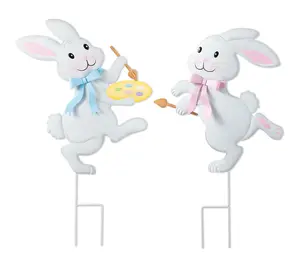 Glitzhome S/2 Easter Metal Bunny Painter GardenStake