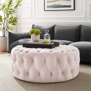 Modway Amour Tufted Button Large Round Performance Velvet Ottoman in Pink