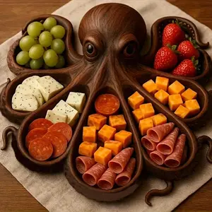 Octopus Shaped Aesthetic Wooden Platter with Tentacle Grooves, Elegant Seafood Party Plates for Appetizers Cheese Meat, Party Snacks Cold Cuts, Home Cutlery Tableware