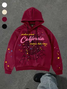 Men's Hip Hop Spider Web Graphic Letter Print Hoodie, Vintage Streetwear Long Sleeve Casual Top, Fall & Winter Fashion