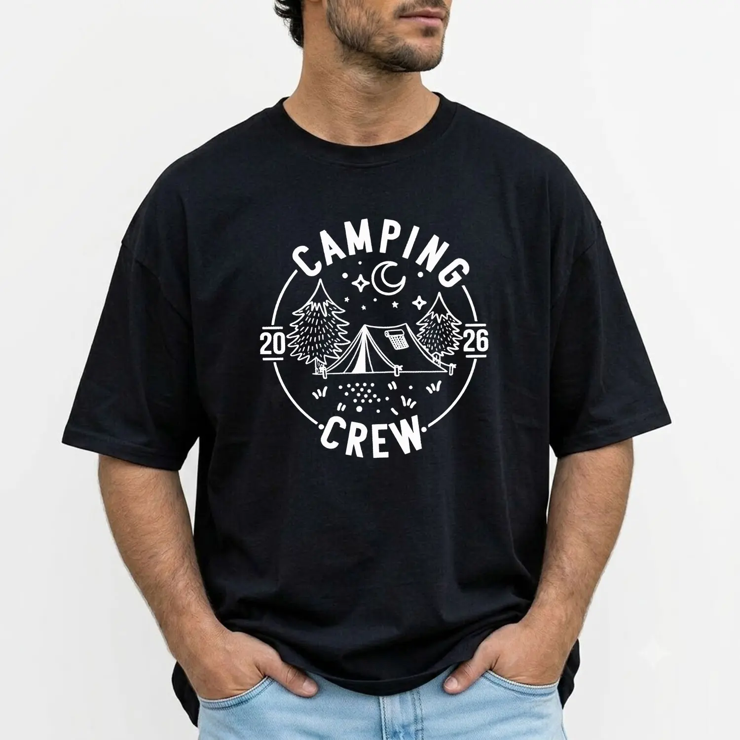 Camping Crew 2026 Shirt, Family Camping Gift, Matching Camping Tees, Girls Boys Camping, Family Trip, Campfire, Camp Lover Gift, Camping T-Shirt, Short Sleeve Printed Graphic Shirt, Daily Casual Cotton Menswear