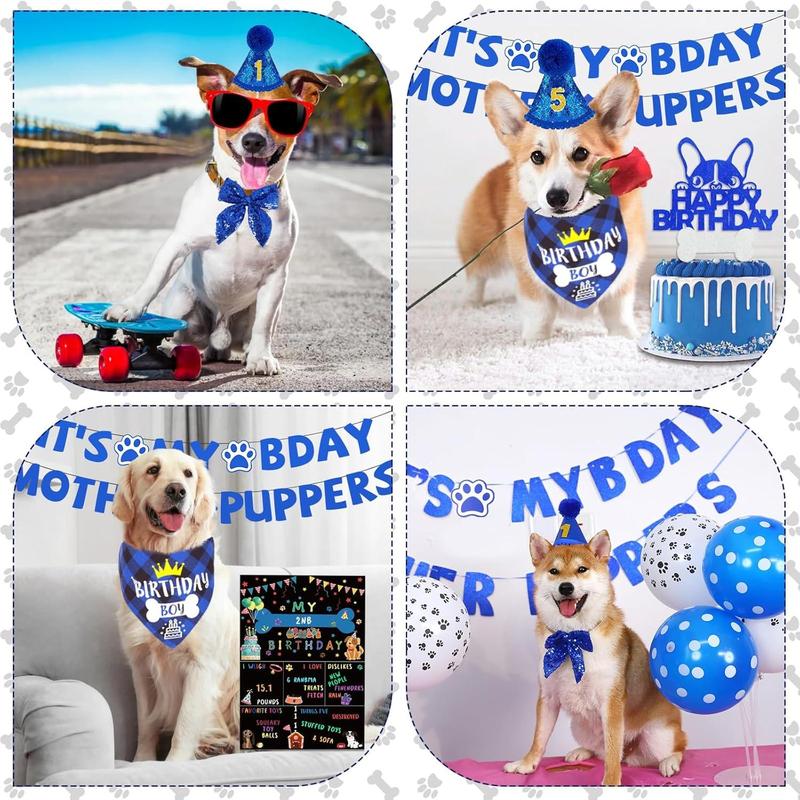 Blue Dog Birthday Party Supplies Pet Birthday Bandanas Boy Doggy Birthdays Hat Bow Tie Greeting Card Numbers It's My Bday Mother Puppers Sign Banner for Medium Large Pets